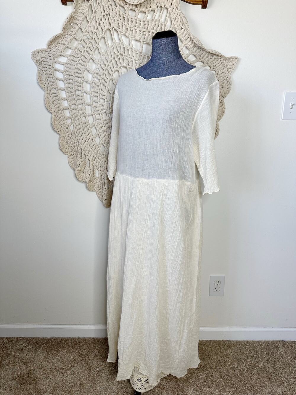 GARB Vintage 90s Lagenlook Cream Cotton Gauze Sheer Fairycore Dress S/M